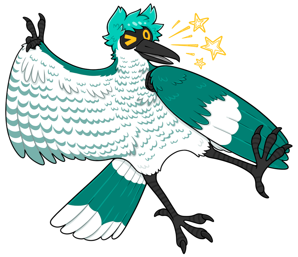 artwork of an anthropmorphic currawong-like bird, with fluffy bluish-green feathers and a large beak, floating in the air. it is holding out one wing making the peace sign with a claw, and winking with bright orange LED display eyes.